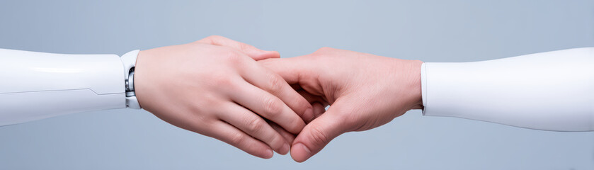 Close up of human hand holding robotic hand in gesture of connection and support, symbolizing collaboration between technology and humanity in minimal style