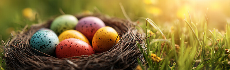 Bunte Ostereier im Vogelnest auf gr&uuml;ner Fr&uuml;hlingswiese &ndash; nat&uuml;rliches Osterstillleben mit weichem Licht und geringer Tiefensch&auml;rfe