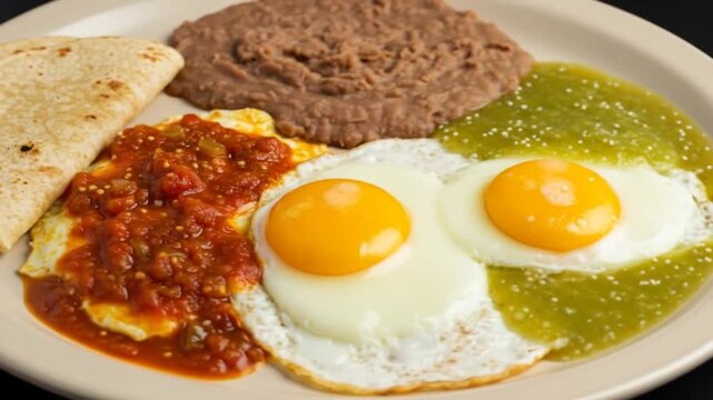 A delicious plate of huevos rancheros with tortillas, refried beans, red salsa, and green salsa