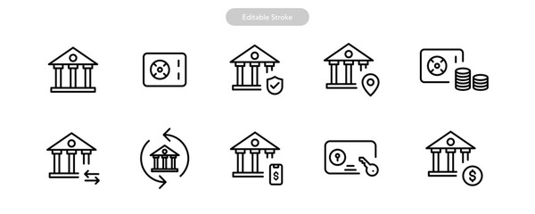 Bank and Vault Icons Collection Set. banking line icon including bank building, bank branches, payments, security, vaults, money transfers, and financial protection symbols. thin line editable stroke