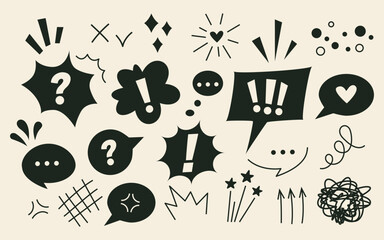 Black and white anime emotion effects with expressive speech bubbles and dynamic action lines. Hand drawn doodle style vector set of exclamation marks, emoticon symbols, expression elements for comics