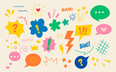 Anime emotion effects with colorful speech bubbles and dynamic action lines. Hand drawn doodle style vector set of cool elements, exclamation marks, expression signs for comics, manga design, stickers