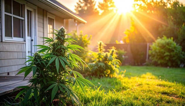 Cannabis crop growing outdoors in a rural backyard - suburban marijuana plants growing to produce hemp-based cannabinoids