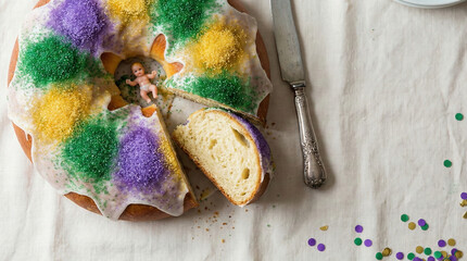 Sliced King Cake on Festive Table