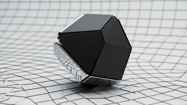 Abstract Black and Silver Geometric Object Rotating on a Grid Surface.