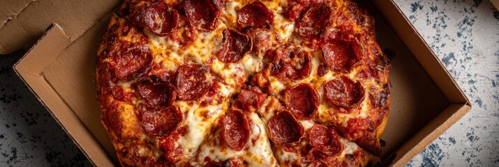 Panoramic food photo of a steaming pepperoni pizza in an open delivery box, perfect for National Pizza Day and family comfort meals