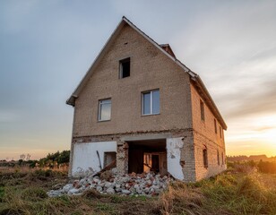 Abandoned brick house undergoing demolition at sunset