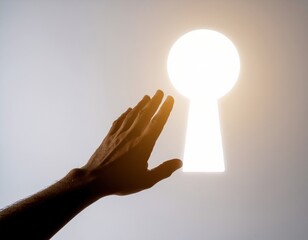 Hand reaching for glowing keyhole opening opportunity and future