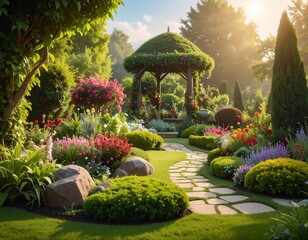 Garden path leading to a peaceful gazebo with flowers