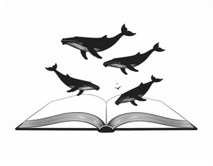 Whales flying from an open book representing imagination