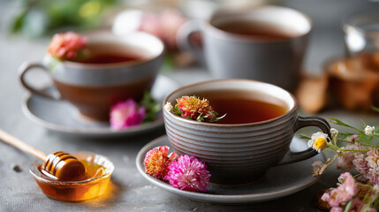 Fototapeta premium Japanese winter hot tea assortment display, ceramic cups arrangement, wellness concept visualization, transparent background aesthetic, traditional beverage culture, seasonal comfo