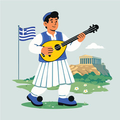 Colorful illustration of Greek traditional musician playing bouzouki suitable for cultural festival and travel vector design