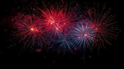abstract black background with red and blue fireworks in the centre, horizontal banner, free space for text, Independence Day celebration card