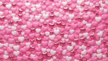 Multicolored Heart background. Valentine Wallpaper with Pink, White and Metallic love hearts. 3D Render 
