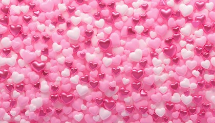 Multicolored Heart background. Valentine Wallpaper with Pink, White and Metallic love hearts. 3D Render 
