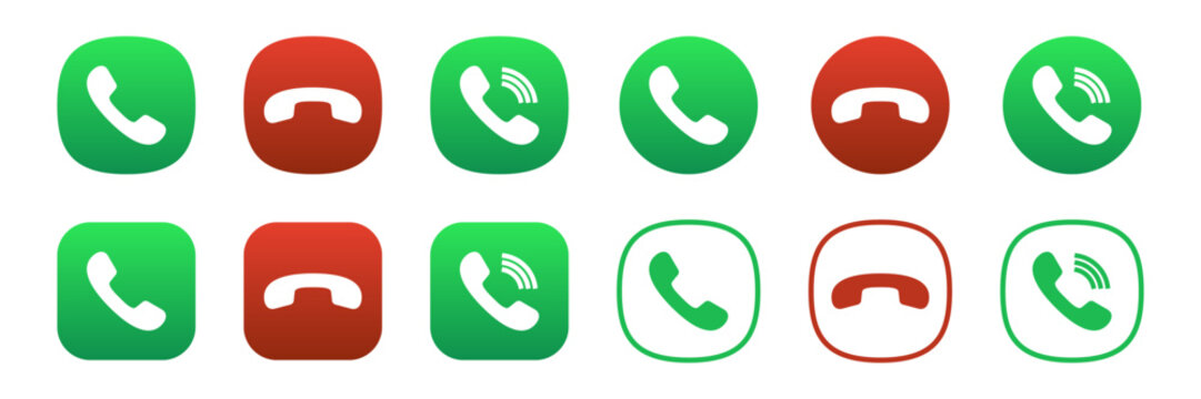 Answer and decline phone call icon set with incoming and outgoing call symbols in green and red buttons for mobile app interface and telecommunication