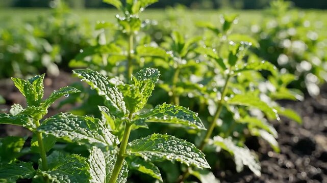 Close up of fresh green mint plants growing in a garden bed.