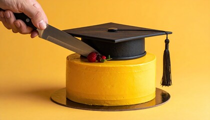Graduation cake with graduation cap cut with knife