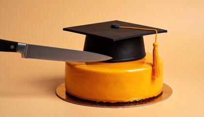 Graduation cake with graduation cap cut with knife