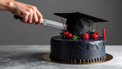Graduation cake with graduation cap cut with knife