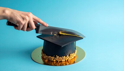 Graduation cake with graduation cap cut with knife