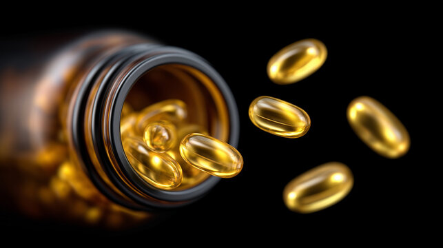 Ultra-photorealistic studio still-life photograph of golden supplement capsules dynamically floating upward from the open neck of an amber glass bottle, captured at the exact momen