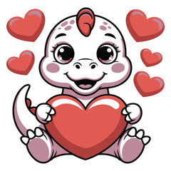 Cartoon illustration of cute baby dinosaur holding big heart with love valentine concept surrounded by floating hearts adorable and funny style
