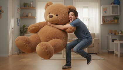 A goofy young man struggling to pull out an oversized teddy bear, stumbling over himself.
