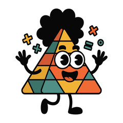 Cartoon triangle character with funny expression on white background surrounded by math symbols plus sign equal sign vector illustration for children