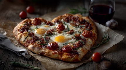 A highly detailed, appetizing food scene featuring a heart-shaped pizza placed at the center of a rustic tabletop setting. The pizza sits on slightly crumpled parchment paper over