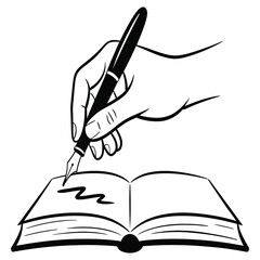 Hand writing with fountain pen on open book black and white illustration for literature and writing themes on white background designs 191 character