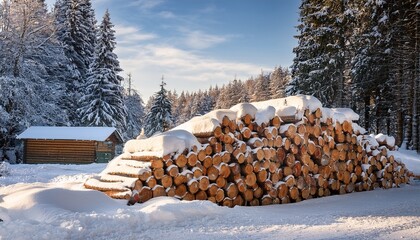 freshly cut logs are neatly piled on the ground in a snowy area surrounded by trees and wooden structures suggesting preparation for the cold season ahead