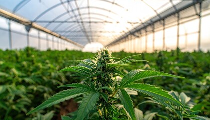 Cannabis crops growing in a commercial greenhouse - marijuana plants 