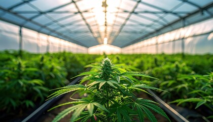 Cannabis crops growing in a commercial greenhouse - marijuana plants 