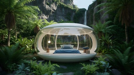 A futuristic transparent dome bedroom with a bed and two lamps surrounded by lush green tropical plants and a waterfall in the background