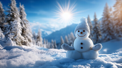 Obraz premium Snowman meditating in winter landscape, snow and trees setting, serene scene capturing calmness, smiling snowman nature visualization, seasonal greeting concept, wellness represent