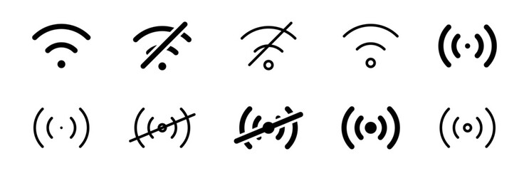 Wireless wifi connection icon set with signal strength, hotspot, with connected and disconnected status symbols in outline and solid styles for network technology