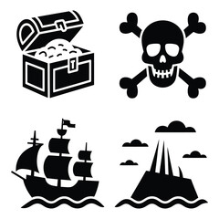 Pirate Adventure Treasures Skull Bones Ship and Island with Treasure Chest Indicating Adventure Sailing on Sea Finding Hidden Spoils Exploring and Discovering Journey