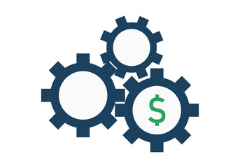 Tres engranajes mec&aacute;nicos vinculados con el s&iacute;mbolo del d&oacute;lar para conceptos de procesos econ&oacute;micos y productividad