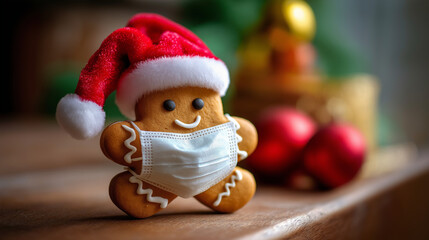 Gingerbread man wearing face mask Santa hat, holiday flu season concept, pandemic festive visualization, health safety representation, seasonal wellness awareness, COVID Christmas