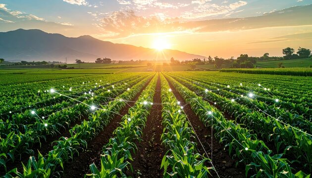 Agritech concept with digital data and heavy machinery equipment in the field with crops preparing for harvest