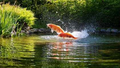 two koi fish leap from the clear water causing splashes as they swim joyfully in a tranquil pond surrounded by lush plants under bright sunlight