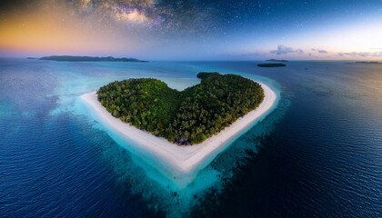 stargazing on a heart shaped island tropical paradise aerial photography night sky serene atmosphere