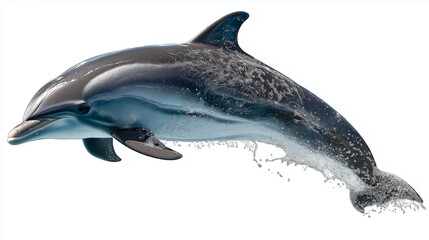 Fototapeta premium Playful Dolphin Leaping Mid Air Isolated on White Background, Realistic Marine Animal, Ocean Wildlife Concept, Intelligent Sea Mammal