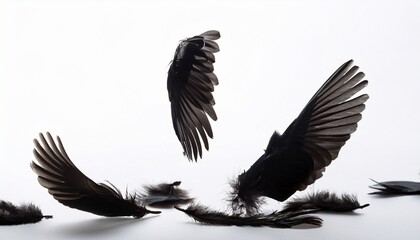 Obraz premium Crow Feathers Falling On White Background