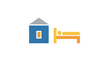 Illustration of a person sleeping in a bed next to a house, representing home and rest.