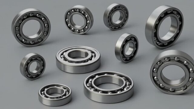 A collection of various metallic ball bearings, intricately designed and rendered on a clean, light grey background