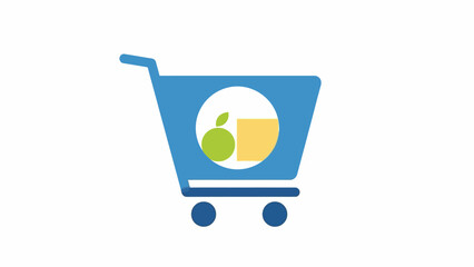 Shopping cart icon with food items inside on a white background.