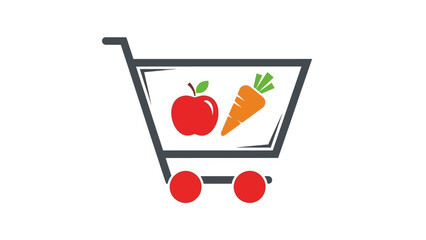 Shopping cart icon with apple and carrot, representing healthy food choices and grocery shopping.
