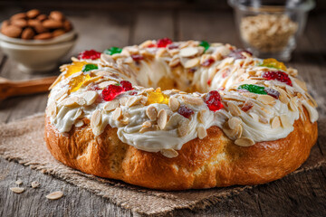 Rosc&oacute;n de Reyes tipico espa&ntilde;ol encima de una meda, sin relleno y adornado con frutos secos, almendras y frutas escarchadas. Secome en navidad, para celebrar el dia de Reyes el 6 de enero